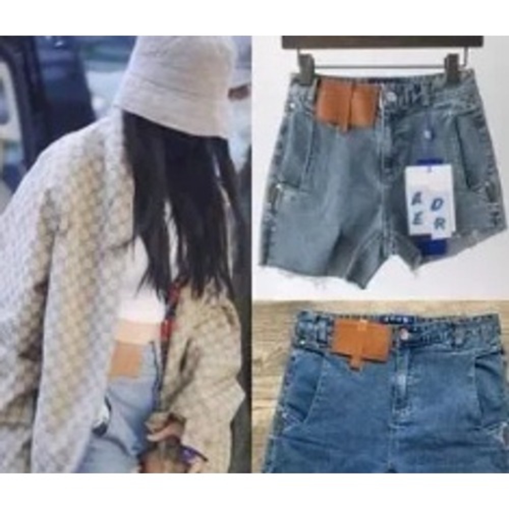 ADER Error Distressed Denim Shorts Light Wash Blue Leather Patch A1 Womens